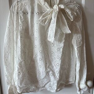 Women’s White Eyelet Tie-Neck Blouse